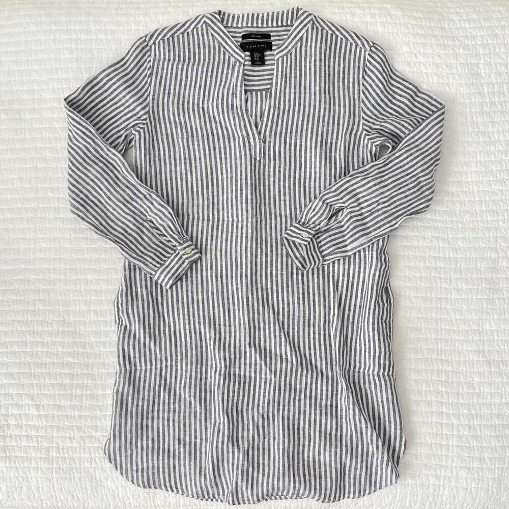 New Tahari Linen Long Sleeve Above Knee Shift Dress in Blue and White Stripe XS